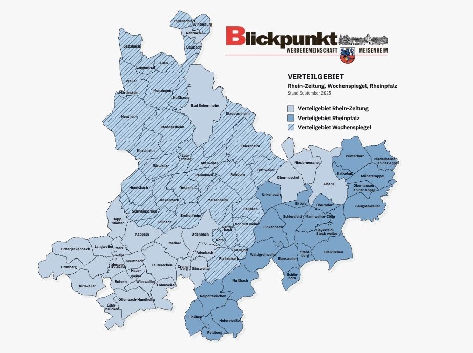 Gebietskarte in blaitönen, die wiederspiegelt, wo der Blickpunkt Meisenheim verteilt wird.